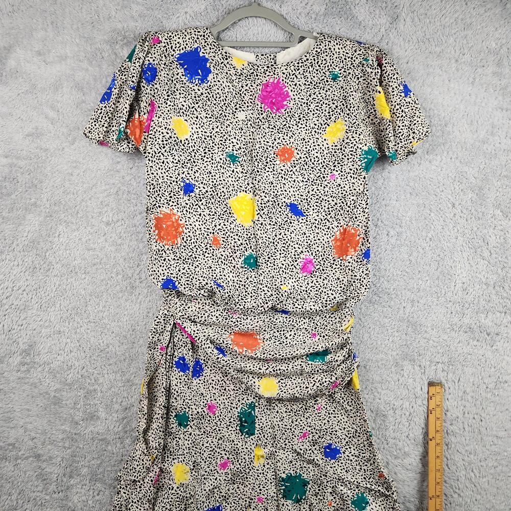 Vintage Saks Fifth Avenue Dress Womens 8 Multicolor Silk Blouson 80s Art Blotch